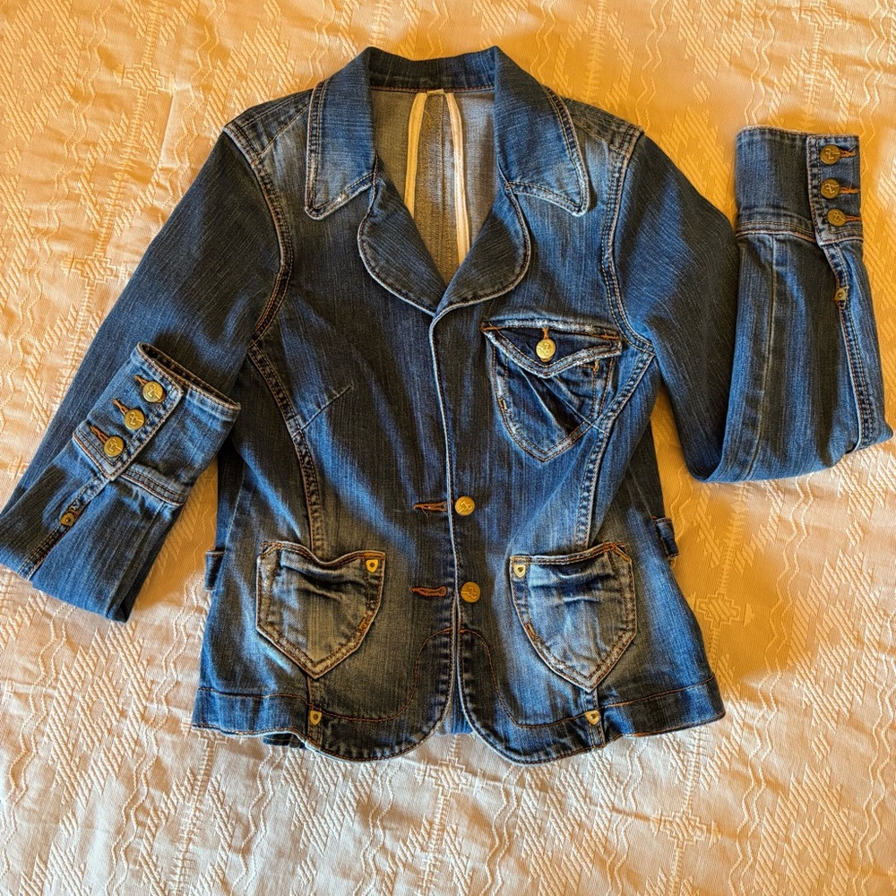 VINTAGE 70s Denim Jean Jacket ~ Brass Buttons sz SM / 32 chest ~Amazing details!